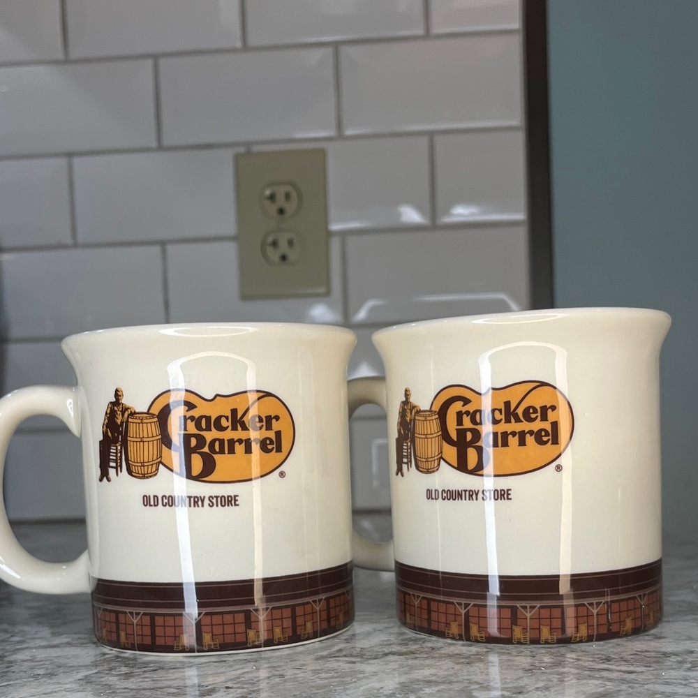 Cracker Barrel Cream and Brown Fireplace Mugs